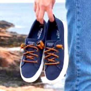 Sperry Crest Vibe Sneaker nautical Navy linen non mark sole boat shoe non skid 8